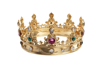 Golden crown with precious stones. Ornate, circular design with elaborate filigree. Jewels, emeralds, rubies, and diamonds adorn the band