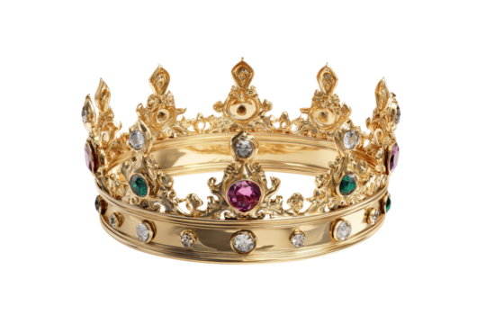 Golden crown with precious stones. Ornate, circular design with elaborate filigree. Jewels, emeralds, rubies, and diamonds adorn the band