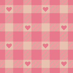 Seamless pink color check heart pattern.Repeating patern plaid. Checkered design for prints.Repeated tartan fabric.Vector scottish fabriс. Ekose texture. Madras flannel.Checker line.Stripe gingham.

