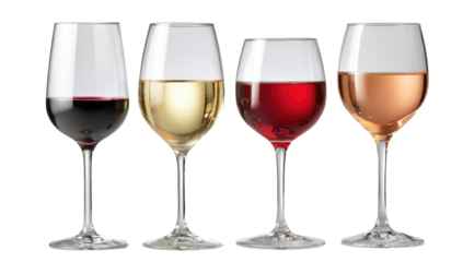 Four wine glasses filled with different colored wines, showcasing red, white, ros?, and a light-bodied red