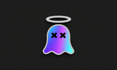 Cartoon ghost character with colorful gradient, X eyes, and halo on black background