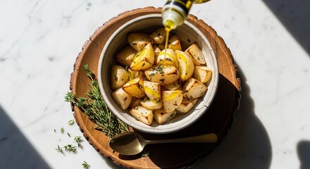 Gourmet Roasted Potatoes Drizzled with Olive Oil and Garnished with Herbs in Daylight