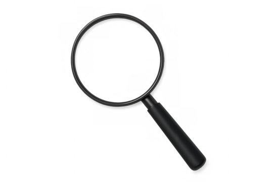 Magnifying glass with black handle and rim, representing concepts of looking, finding, and inspecting. Transparent background