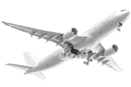Monochromatic view of a large passenger jet in flight
