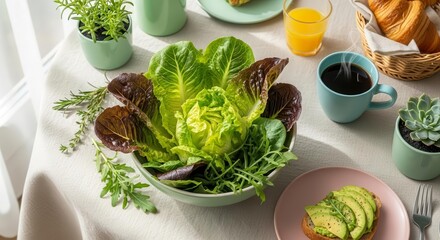Healthy Breakfast Scene Featuring Fresh Greens, Coffee, Avocado Toast, And Croissant