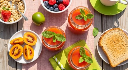 Healthy Breakfast Spread With Fresh Fruits, Juice, Toast, And Granola Beautifully Arranged On Table
