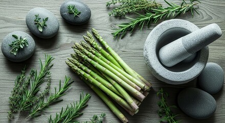 Healthy Culinary Arrangement of Fresh Herbs, Asparagus, and A Stone Mortar