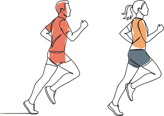 Continuous line drawing of a man and woman running with watercolor color blocks. Design for running club logos, fitness challenge badges, or wellness blog headers. EPS version.