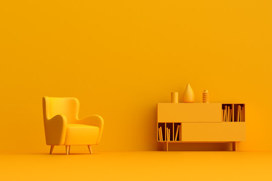 Yellow monochromatic interior concept featuring armchair and shelf
