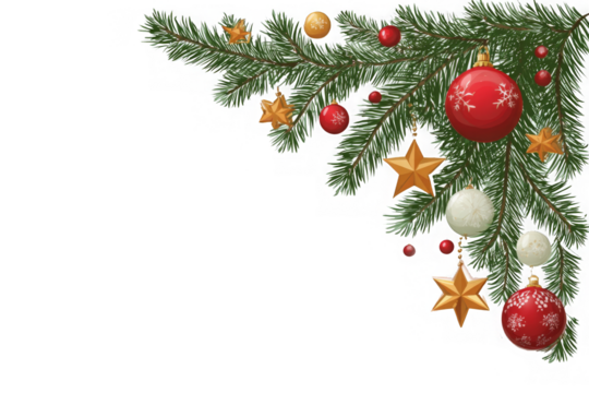 png Christmas corner decoration with fir branches baubles and stars festive vector illustration for holiday design isolated on white background