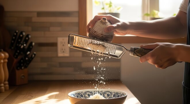 Grating Cheese: Kitchen Scene Showcasing Culinary Preparation in Warm, Natural Light - Powered by Adobe