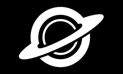 Minimalist White Saturn Planet Icon with Ring on Black Background, Simple Space Graphic Symbol