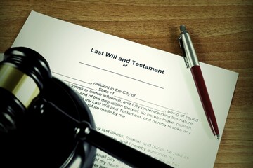 Last will and testament with judges gavel.