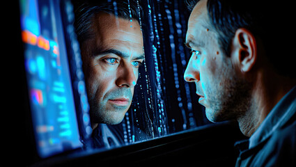 A warped reflective surface distorts twin figures in a surreal sci-fi twist.