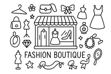 Obraz premium Fashion Boutique Doodle. Fashion boutique. Hand-drawn doodle illustration of fashion boutique. In the middle,
