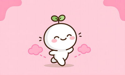 Adorable cartoon sprout character happily skipping across a soft pink backdrop.