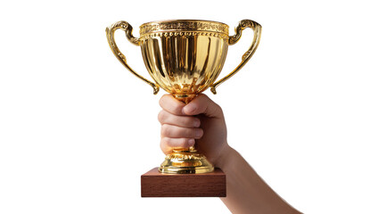 Gold trophy held aloft by a hand