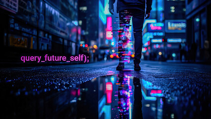 A glitching half-pixelated human silhouette reflects in a neon puddle, capturing a haunting cyberpunk blend of identity and digital decay.