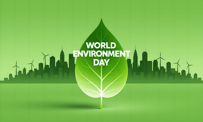 World Environment Day concept with green leaf, sustainable city skyline and wind turbines.