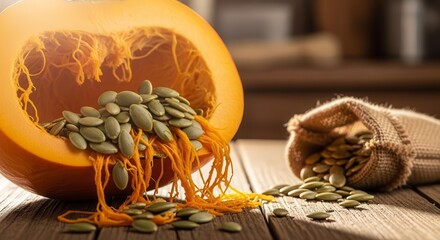 Fototapeta premium Harvested Autumn Pumpkin Seeds Freshly Removed From Inside The Fruit For Cooking