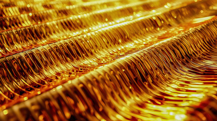 A fluid golden 3D pattern with wavy reflective surfaces forming layered metallic scales that shimmer with depth and motion.