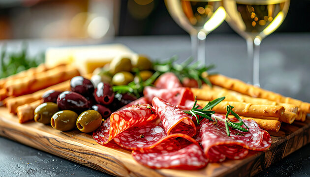 Italian antipasto charcuterie board with prosciutto, salami, olives, and breadsticks, white wine