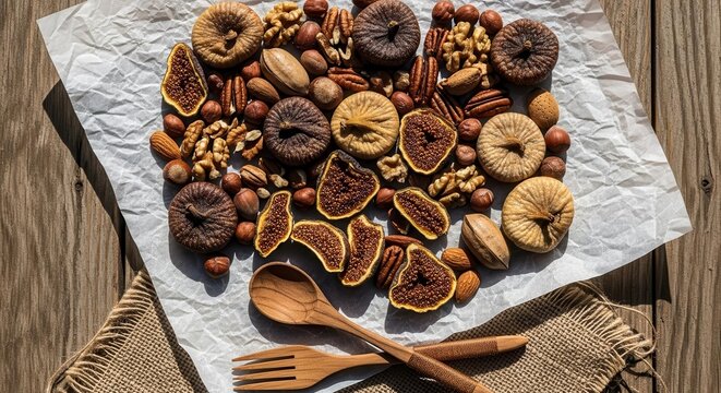 Healthy Gourmet Feast Displaying Figs, Nuts, And Wooden Utensils On Rustic Wooden Table - Powered by Adobe