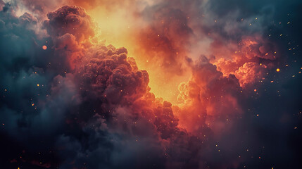 Abstract background of smoky dark clouds with glowing orange sparks drifting through a dramatic, atmospheric scene full of tension and depth.