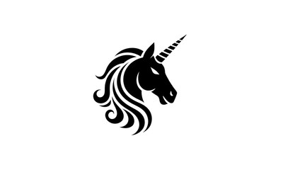 Elegant Black Unicorn Head Silhouette with Flowing Mane and Spiral Horn on White Background
