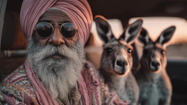 Sikh Indian man in traditional attire humorously posing with kangaroos in a playful outdoor setting during golden hour lighting