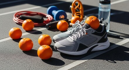 Healthy Lifestyle Concept Presenting Gym Equipment with Fresh Oranges for Workout Motivation