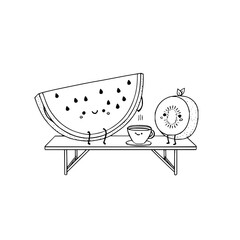 Cute watermelon and kiwi having tea together on a table line art illustration vector design image for kids