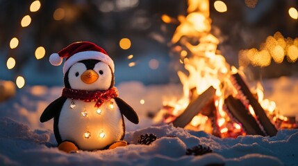 A cozy festive winter scene with a stuffed penguin sitting near a warm Christmas fire indoors