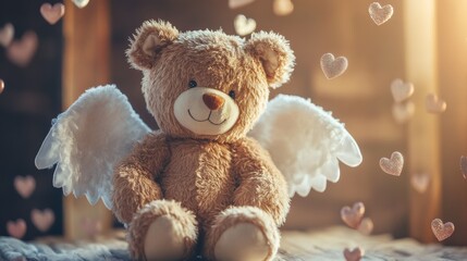 A cuddly soft toy with wings and floating love symbols isolated on a white background
