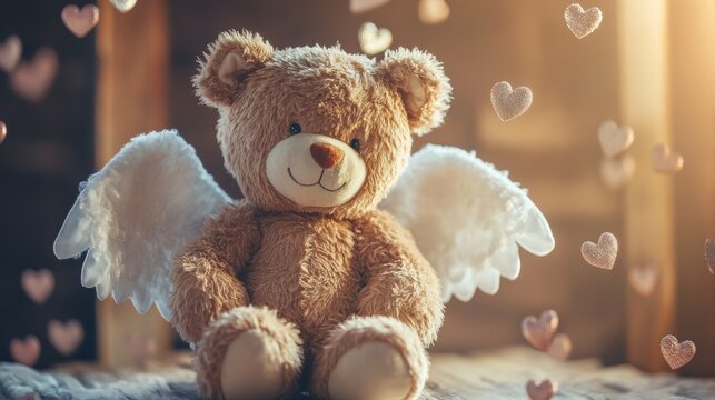 A cuddly soft toy with wings and floating love symbols isolated on a white background