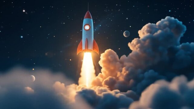 The startup business concept of a rocket being launched into space is similar to a growing business and rapid business success. 4k video