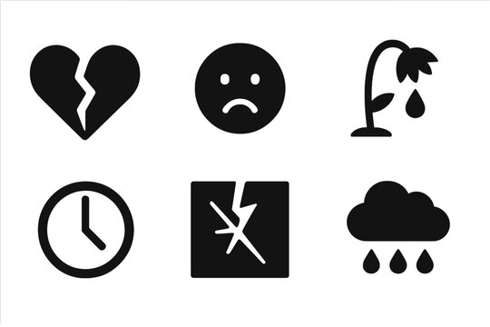 Icons of Regret. Regret and sorrow. Filled icon set of regret and sorrow: broken heart, tear drop, sad face,