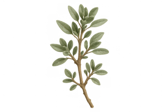 Green plant branch with fresh leaves on transparent background, watercolor botanical illustration depicting natural foliage