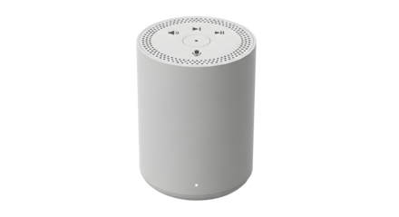 Cylindrical smart speaker with perforated top isolated on transparent background