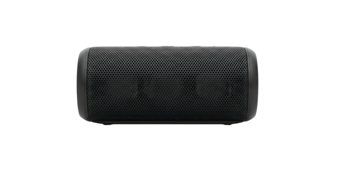 A black portable bluetooth speaker with a textured grille, isolated on transparent background