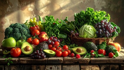 Assorted fresh fruits and vegetables on rustic wooden table for World Vegan Month. Warm light, organic texture, and natural eco lifestyle concept.