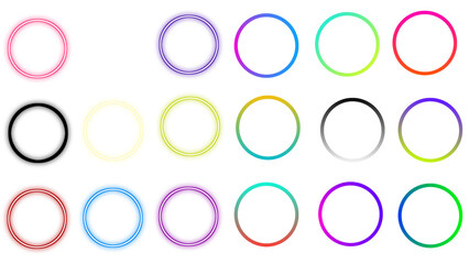 Neon glow light round frames. Abstract blurred rainbow light circles on transparent background. Colored laser bright round icons. Colourful geometric graphic vector set, PNG file.