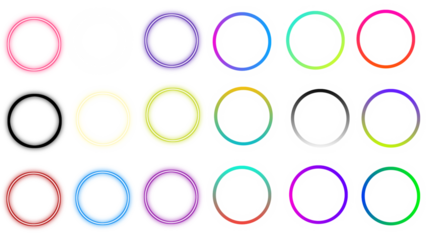 Neon glow light round frames. Abstract blurred rainbow light circles on transparent background. Colored laser bright round icons. Colourful geometric graphic vector set, PNG file.