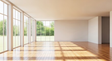 Obraz premium Bright modern interior with large windows and lush green outdoor scenery sunlight