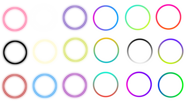 Neon glow light round frames. Abstract blurred rainbow light circles on transparent background. Colored laser bright round icons. Colourful geometric graphic vector set, PNG file.