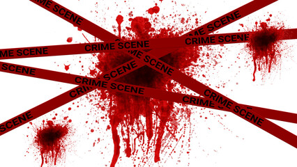 Red crime scene tape with blood on transparent background.