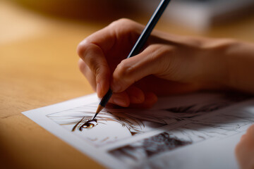 Macro photo of a manga artist sketching an anime girl on paper close-up of the hand drawing detailed facial expressions with fine ink pen lines. The artwork features large expressi