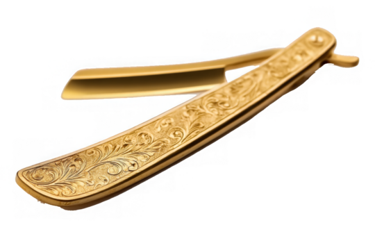 png Ornate gold straight razor vintage barber tool with engraved floral design isolated on white background