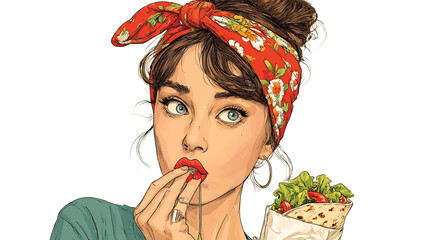 Retro illustrated woman eating wrap with red scarf