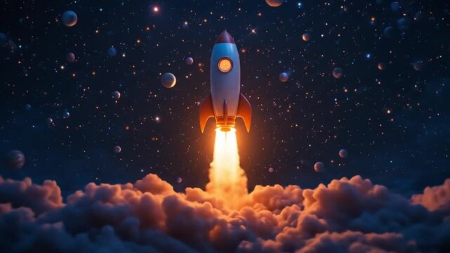 The startup business concept of a rocket being launched into space is similar to a growing business and rapid business success. 4k video
